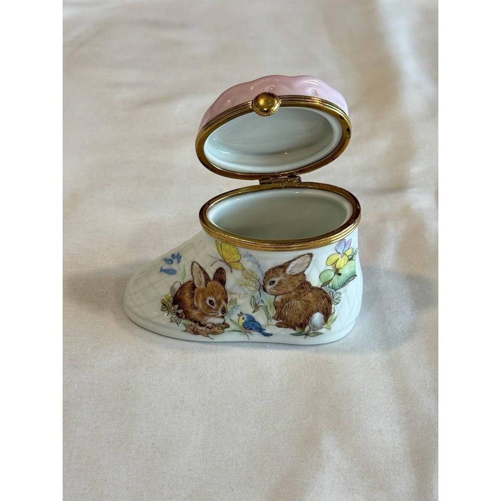 Limoges Fait Main France Trinket Box Porcelain Pink Bootie Bunny Deer Boot Shoe